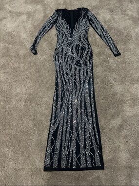 Black Long Sleeve Crystal-Embellished Gown